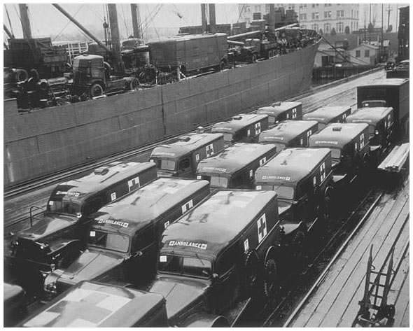 Ambulances ready for shipment, Photograph: unknown